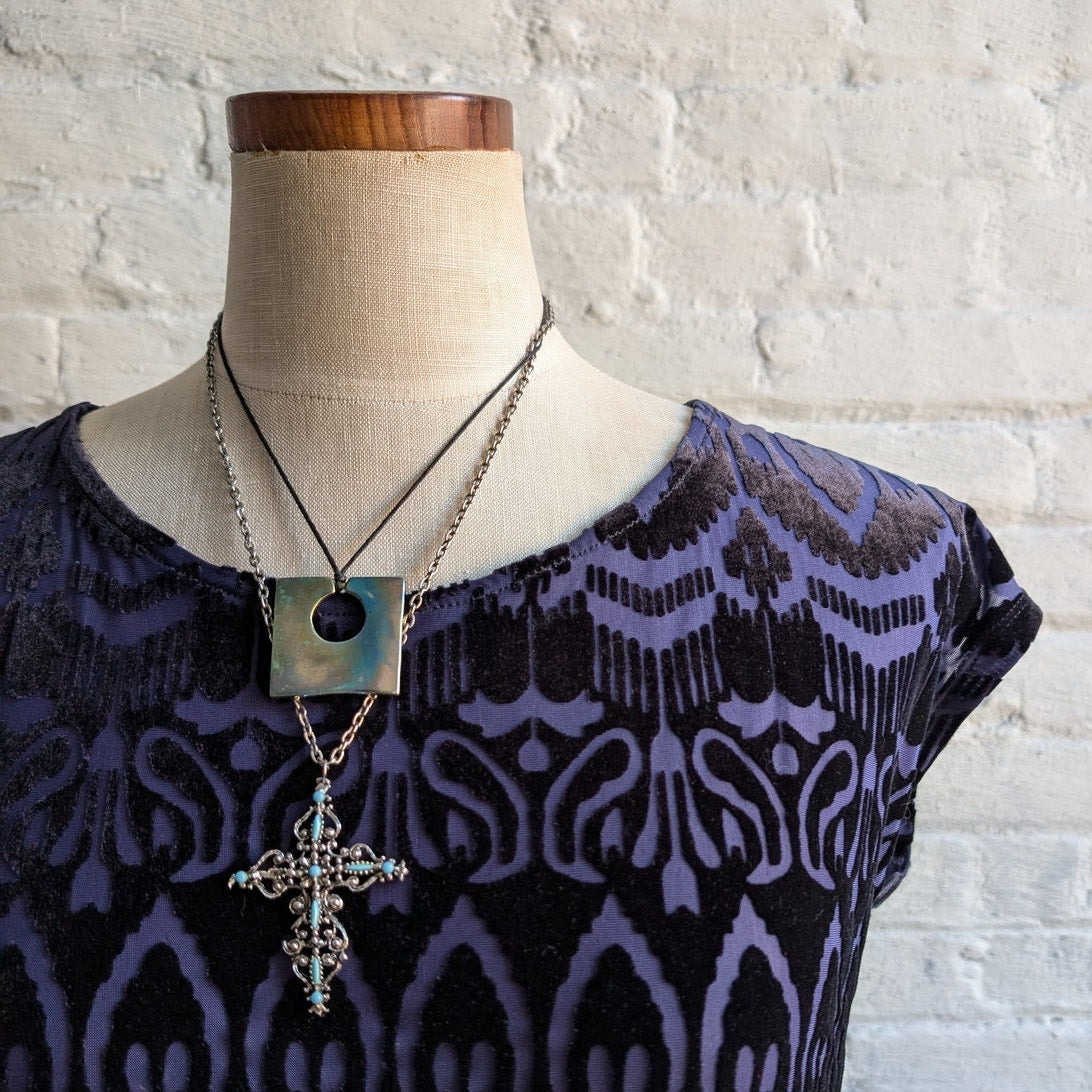 Y2K Blue Velvet Top Psychedelic Burnout Tee Knit Crop Top Dark Romance Medium