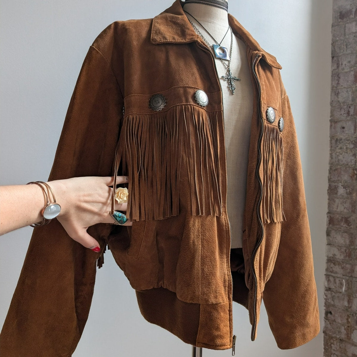 Vintage Brown Suede Leather Jacket Fringe Biker Western Moto Bomber Coat Large