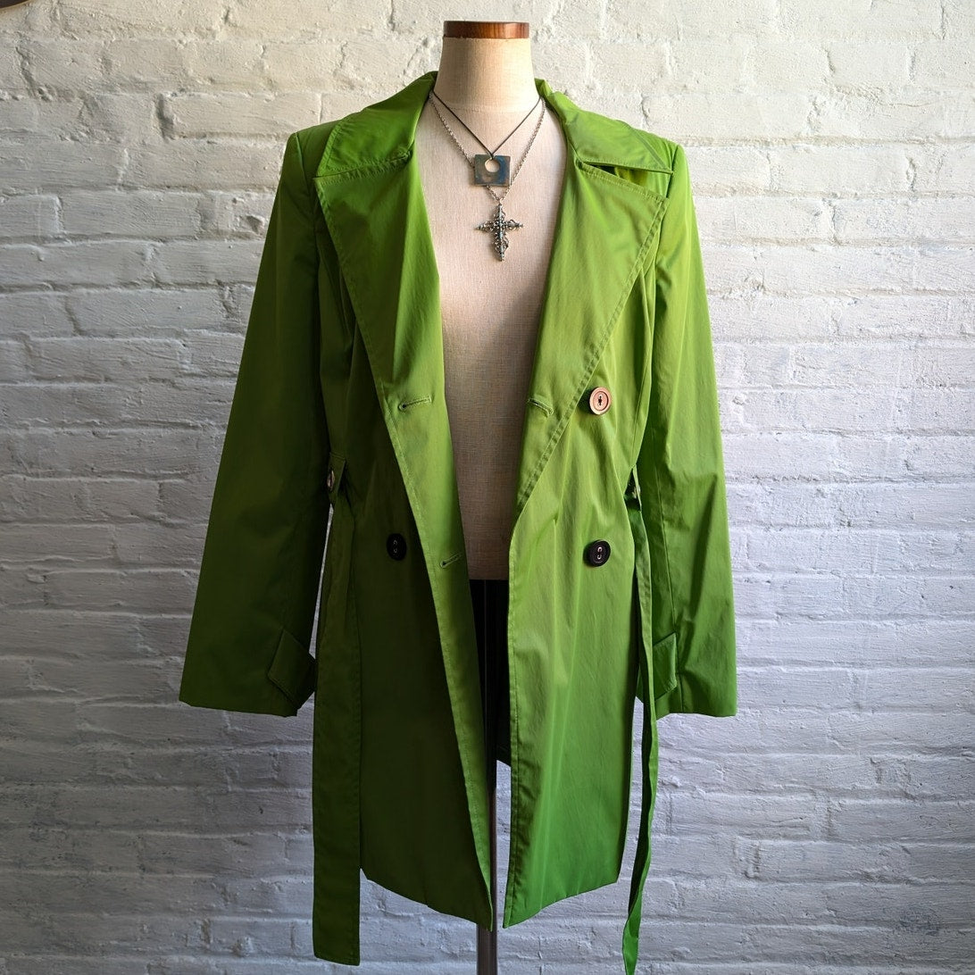 Y2K Lime Green Trench Coat Earthy Minimalist Preppy Belted Rain Jacket Medium