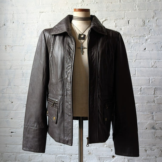 Vintage Brown Leather Jacket Y2K Sexy Lambskin Moto Chic Biker Bomber Coat Large
