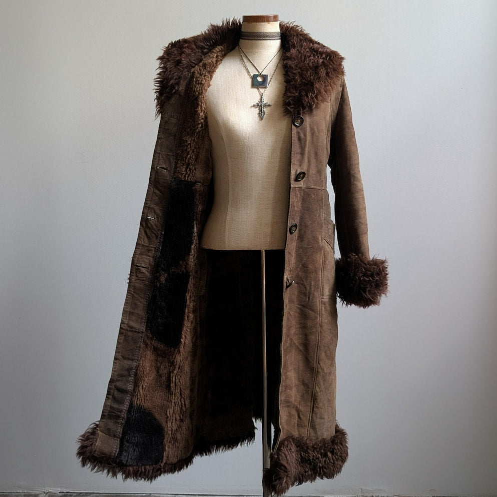 Vintage Brown Suede Penny Lane Jacket Fur Furry Leather Groovy Trench Coat Small