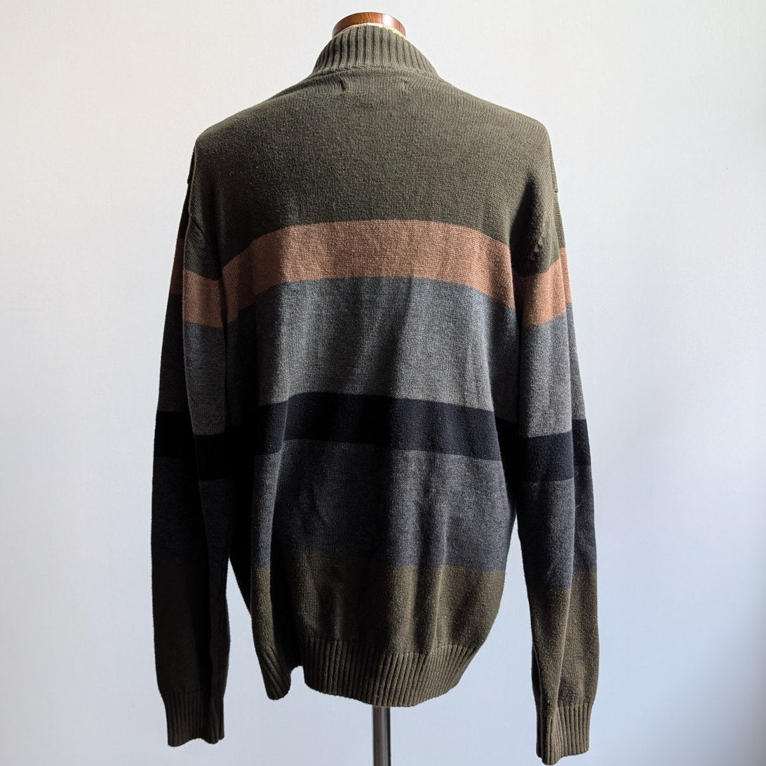 Vintage Green Striped Knit Sweater Earthy Minimalist Grunge Preppy Fleece Large