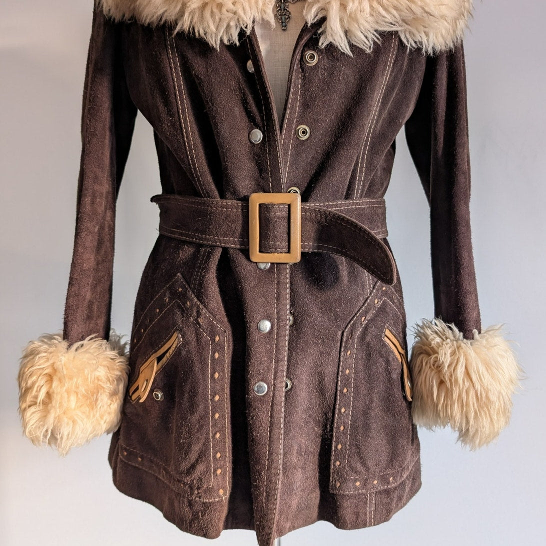 Vintage 70s Brown Suede Jacket Penny Lane Coat Shearling Fur Trim Western Small