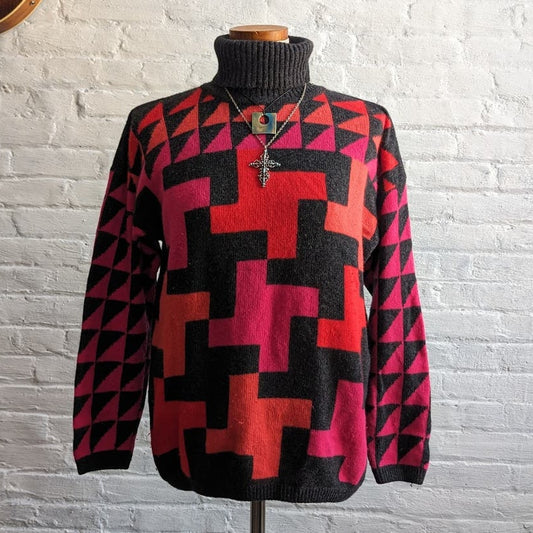 Vintage Fuzzy Wool Grandpa Sweater Colorblock Funky Geometric Furry Knit Top
