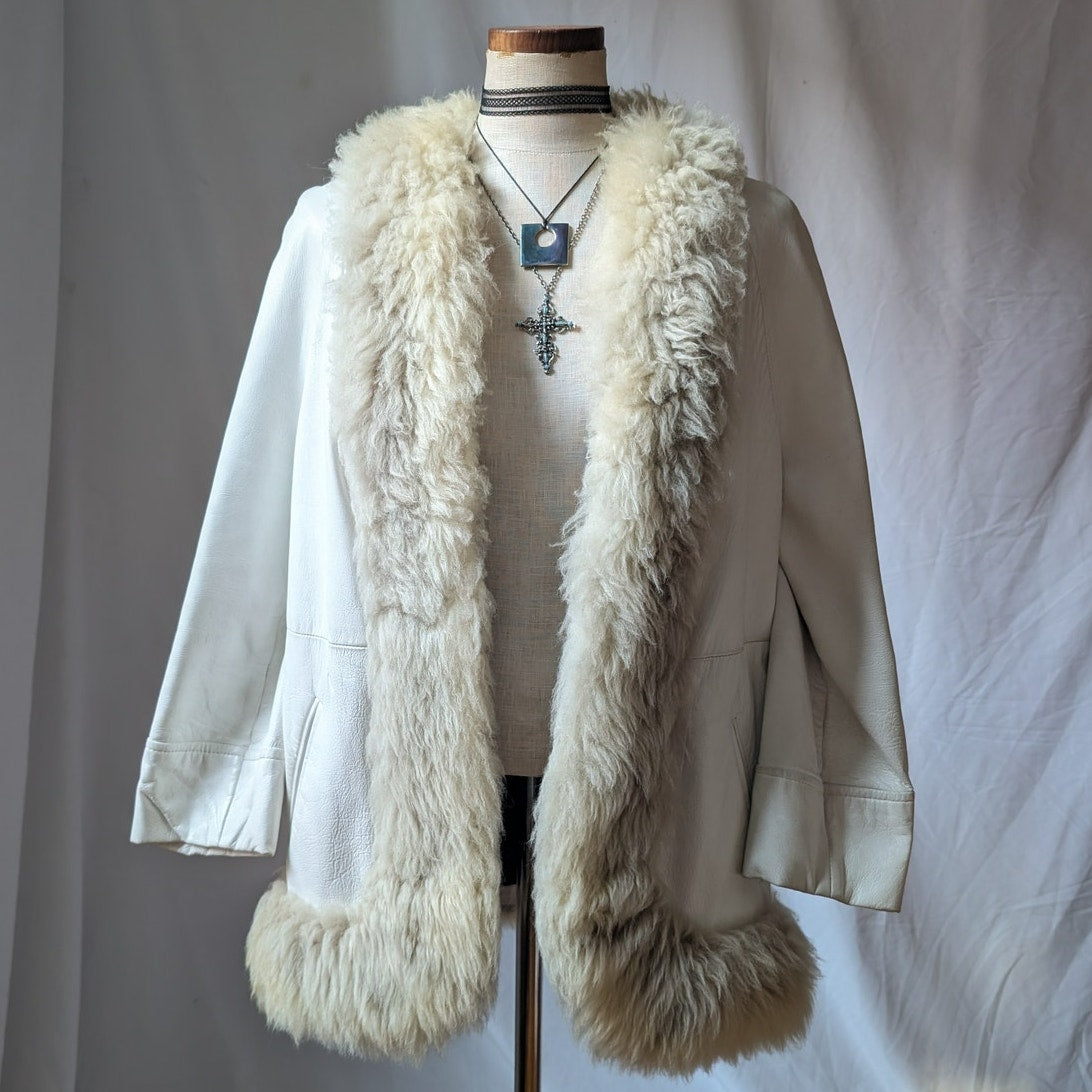 70s White Leather Penny Lane Coat L Vintage Afghan Jacket Boho Wedding Fur Coat