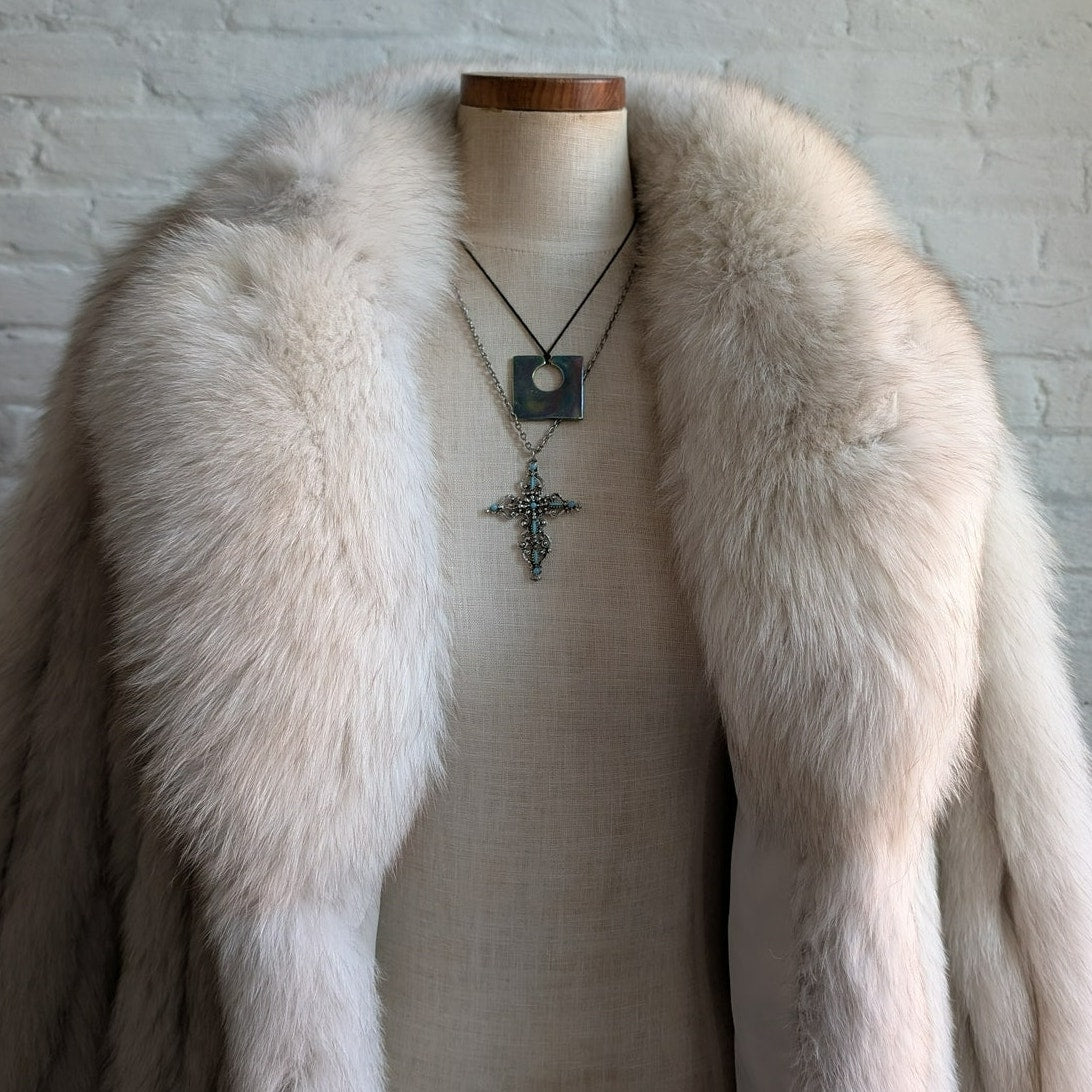 Vintage White Fluffy Fox Fur Coat Spotted Genuine Furry Mobwife Designer Jacket