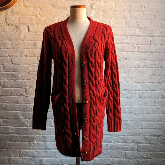 Y2K Vintage Red Chunky Cable Knit Cardigan Minimalist Grannycore Grandpa Sweater