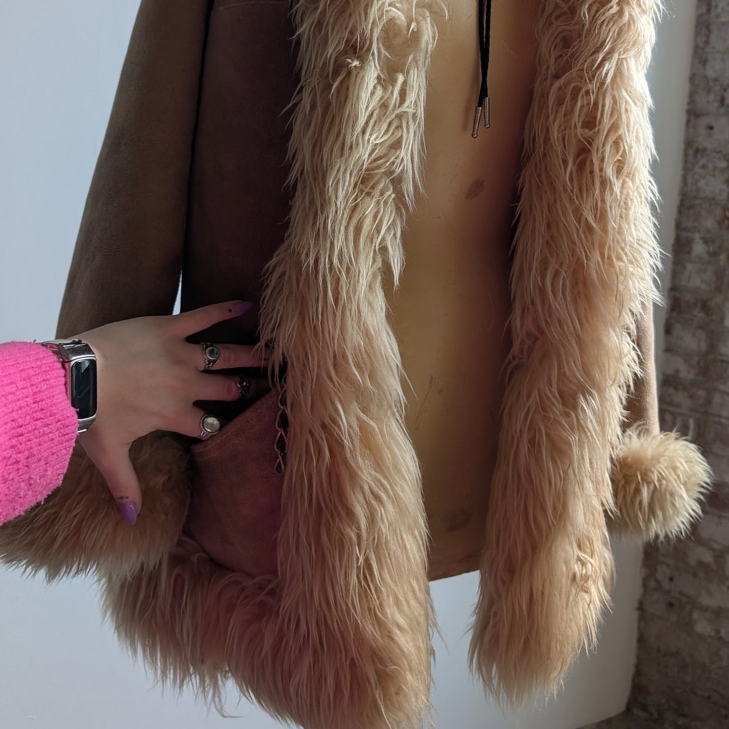 70s Vintage Brown Leather Penny Lane Coat Tan Suede Fur Groovy Boho Afghan Coat