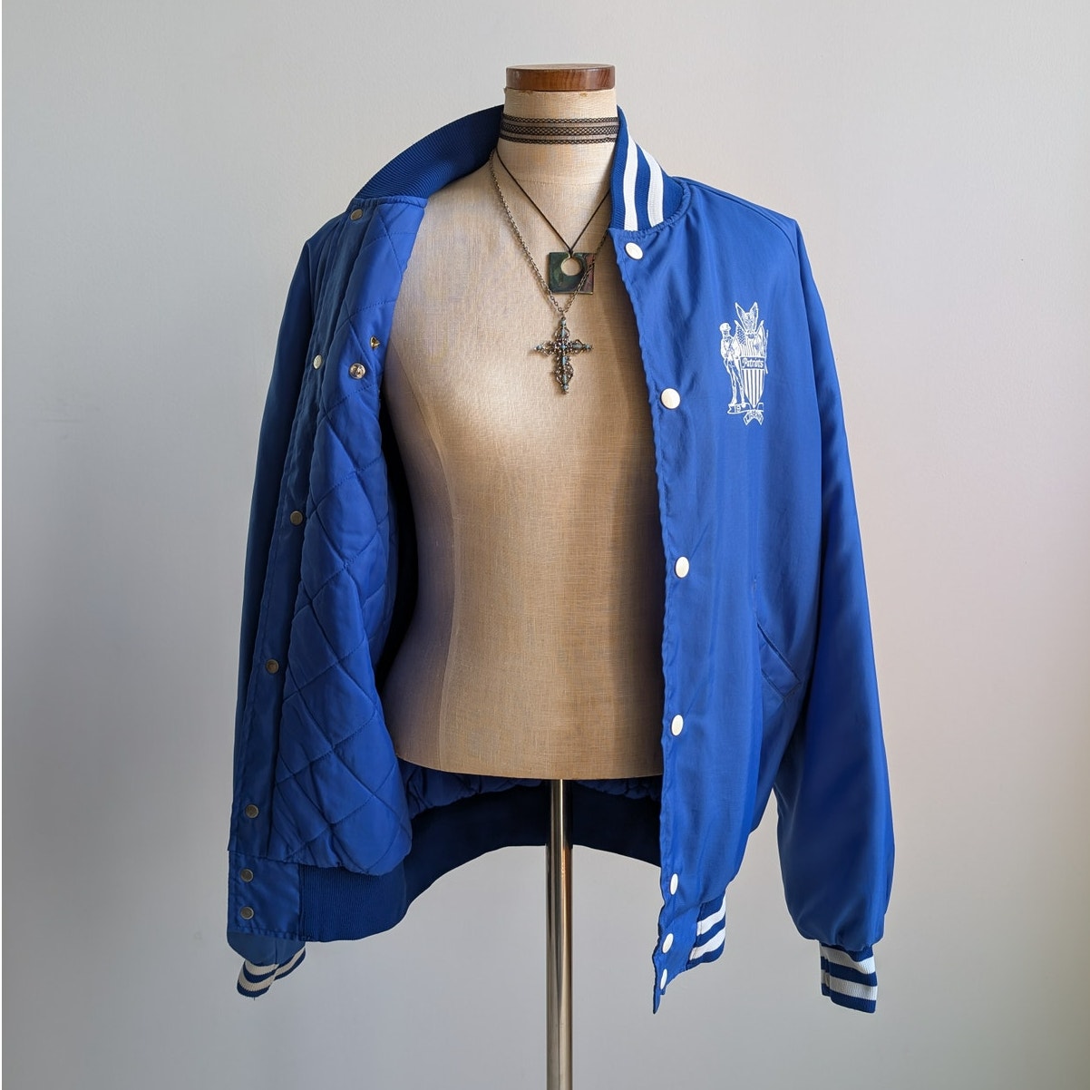 Vintage Blue Varsity Bomber Jacket Preppy Liberty Drill Team Sporty Coat Medium