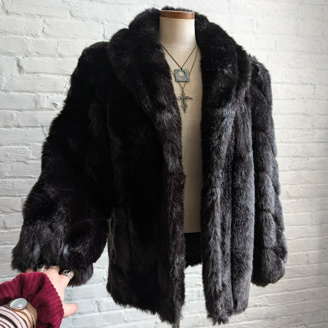 Vintage Black Faux Fur Coat Shaggy Mob Wife Grunge Minimalist Glam Cozy Jacket