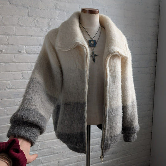 Vintage Minimalist Knit Wool Shaggy Furry Ombre Colorblock Bomber Jacket Coat