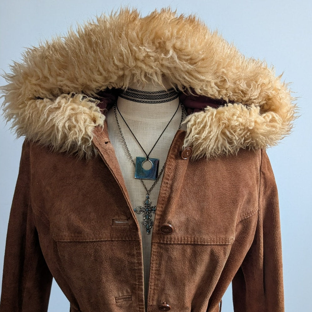 Vintage Brown Suede Coat Penny Lane Jacket Leather Trench Fur Coat Afghan Small