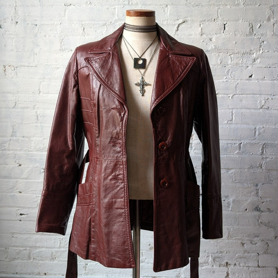 Vintage Red Leather Jacket Trench Coat Minimalist Grunge Chic Burgundy Medium