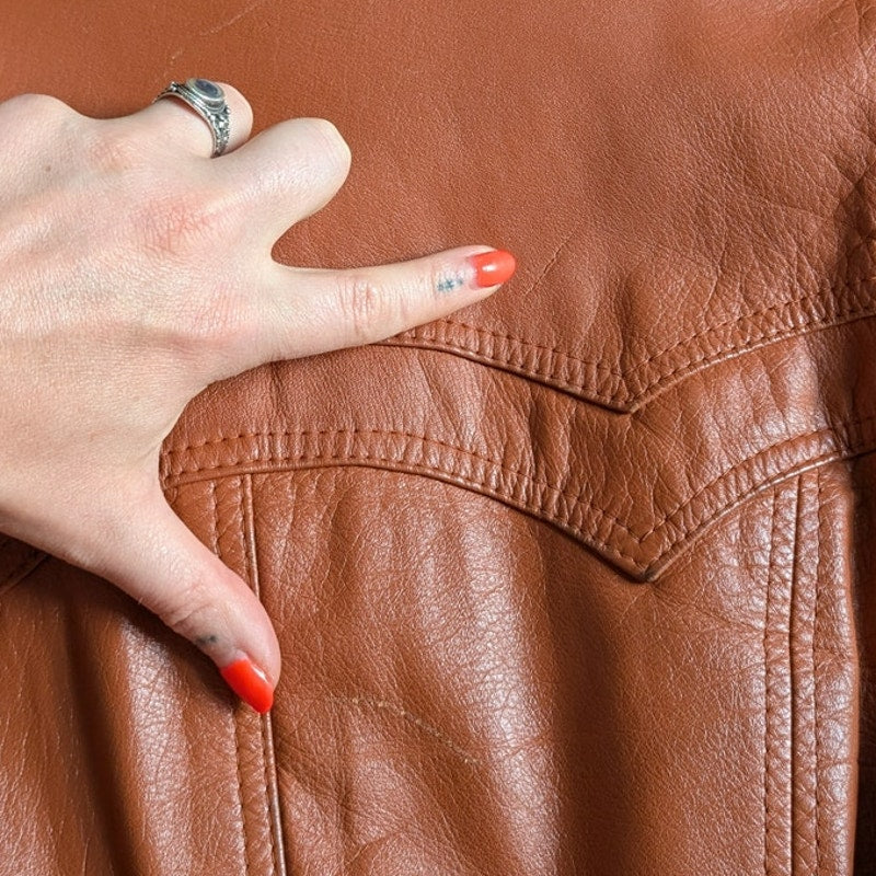 Vintage 70s Orange Brown Leather Trench Coat M Belted Western Boho Duster Jacket