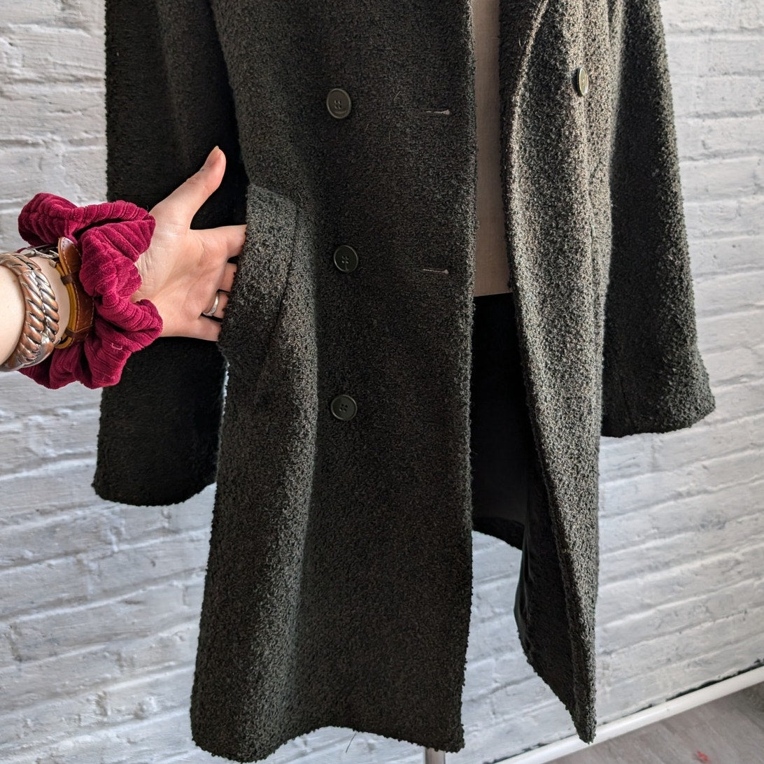 Y2K Vintage Green Wool Trench Coat Knit Earthtone Oversize Boho Jacket Medium