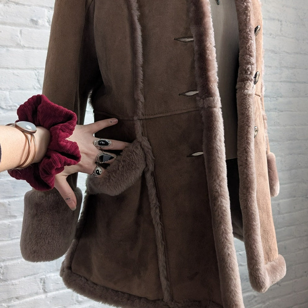 Vintage Brown Suede Leather Penny Lane Coat Shearling Minimalist Cozy Fur Jacket