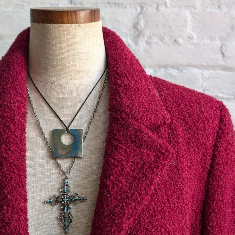 Y2K Vintage Red Trench Coat Boucle Knit Jacket Maroon Pink Wool Jacket Medium