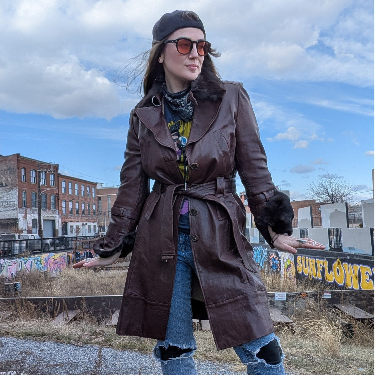 Vintage Burgundy Leather Penny Lane Trench Coat Genuine Fur Grunge Boho Jacket