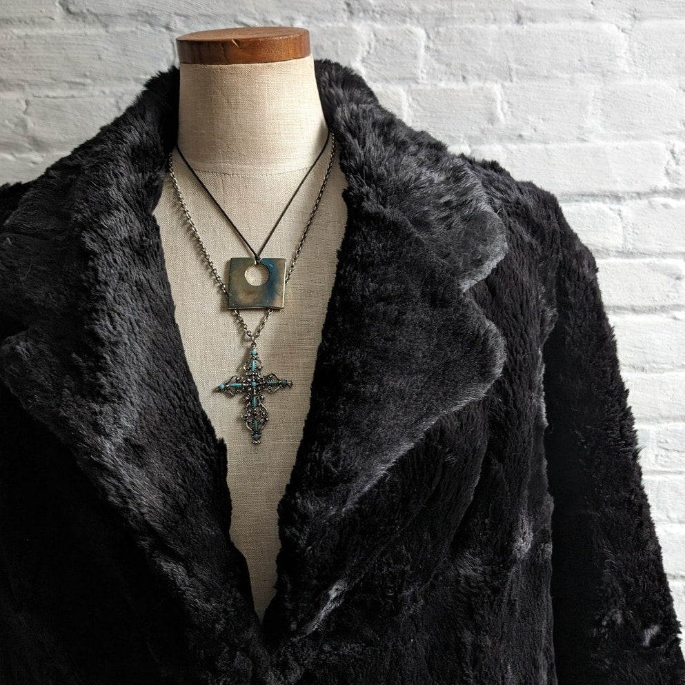 Vintage Black Rabbit Fur Bomber Coat Minimalist Shaggy Furry Fuzzy Moto Jacket