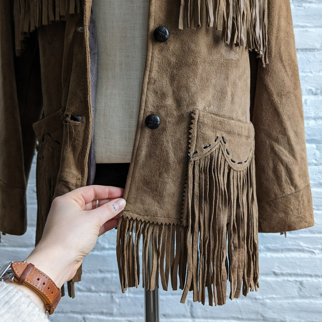 Vintage Brown Suede Fringe Jacket Classic Western Cowboy Genuine Leather Coat