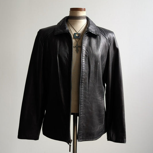 Y2K Vintage Black Leather Moto Jacket Lambskin Coat Minimalist Biker Goth Large