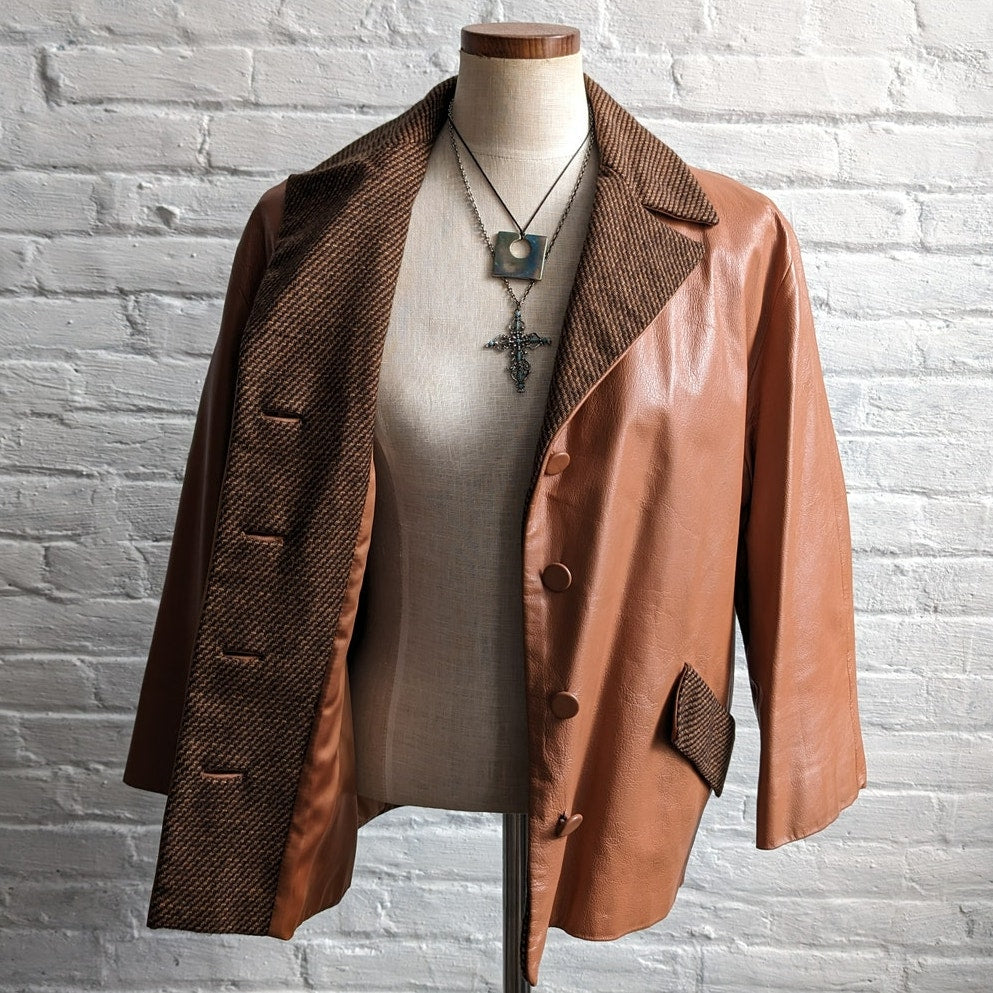 Vintage Brown Leather Jacket Rusty Orange Cropped Preppy Blazer Tweed Coat Small