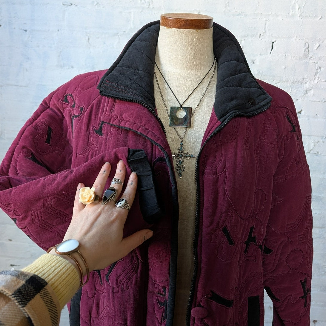 Vintage Purple Silk Jacket Embroidered Quilted Utility Boho Blanket Coat Small