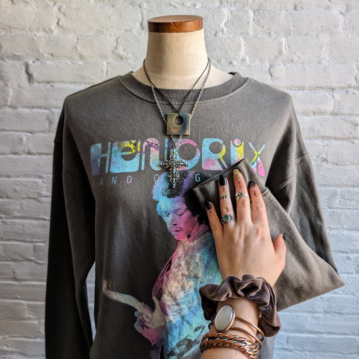 Retro Jimi Hendrix Grey Sweater Oversize Groovy Graphic Rock N Roll Tour Top