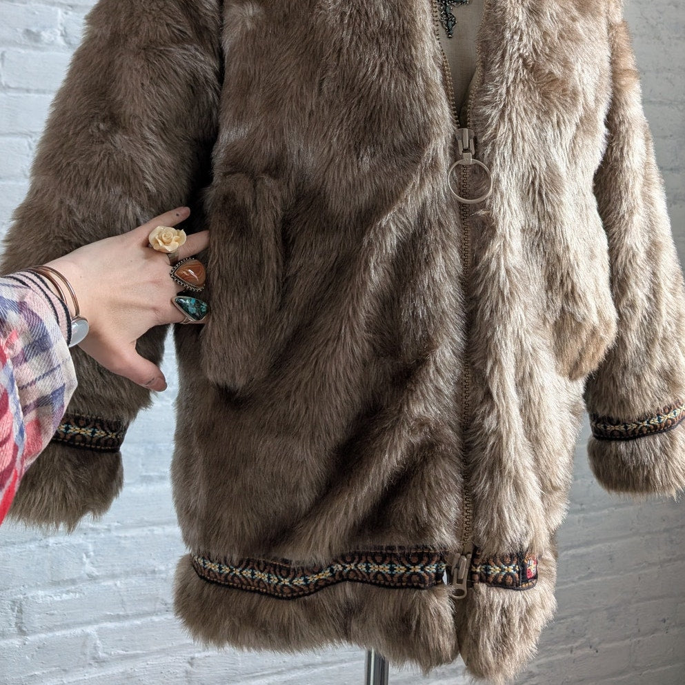 70s Vintage Faux Fur Brown Parka Coat Minimalist Shaggy Fuzzy Hooded Boho Jacket