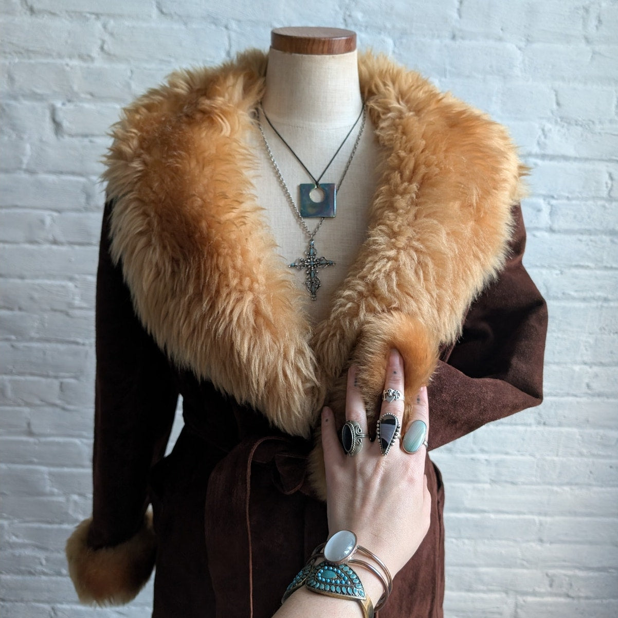 Vintage Brown Suede Penny Lane Coat Faux Fur Furry Afghan Leather Groovy Jacket