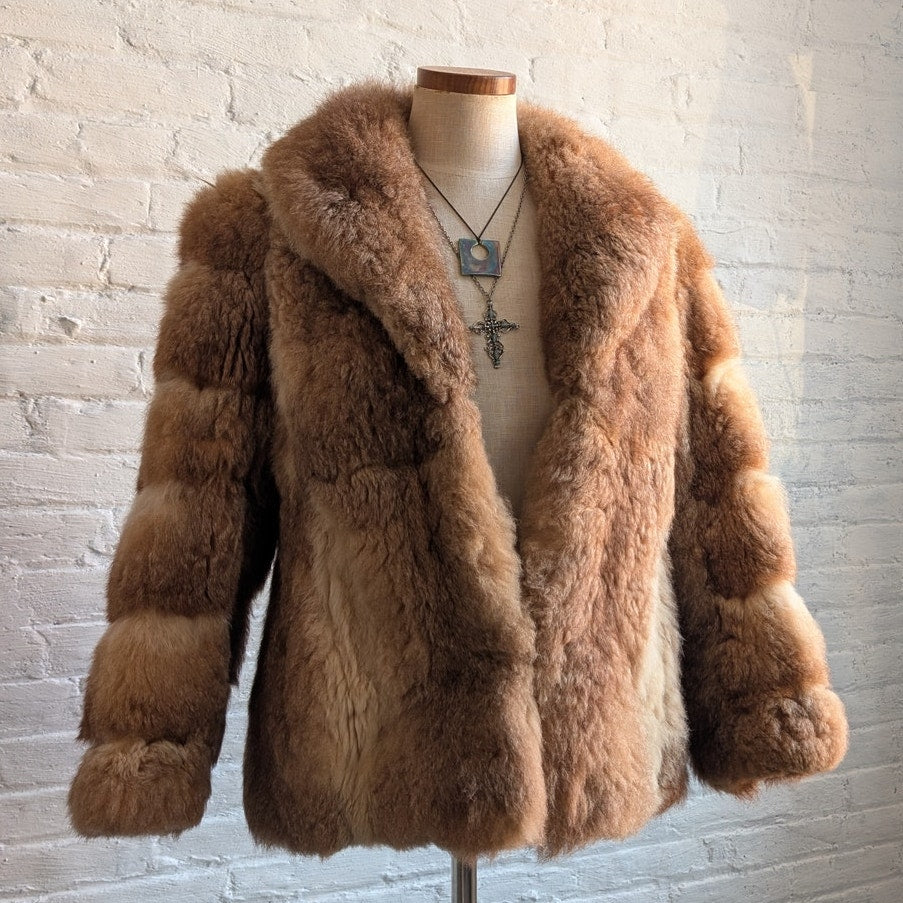 Vintage Ombre Brown Rabbit Fur Coat Crop Penny Lane Crimpy Furry Chic Mod Jacket