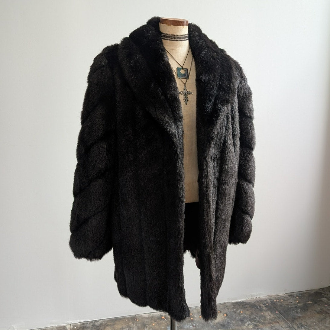 Vintage Black Faux Fur Coat Fur Trim Jacket Mob Wife Minimalist Goth Chic Medium