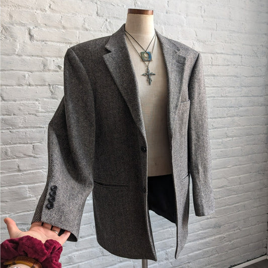 Vintage Wool Chevron Blazer Minimalist Preppy Jacket Chic Office Gray Coat Large