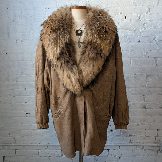 Vintage Brown Leather Jacket Raccoon Fur Coat Suede Penny Lane Trench Medium