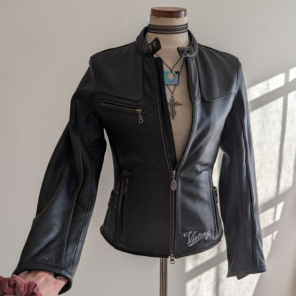 Vintage Black Leather Moto Jacket S Victory Motorcycles Utility Punk Biker Coat