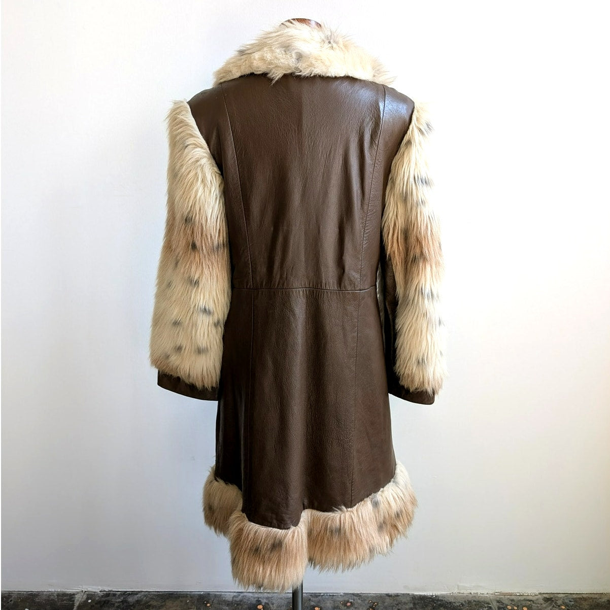 Vintage Cheetah Faux Fur Afghan Coat Leather Penny Lane Shaggy Trench Jacket