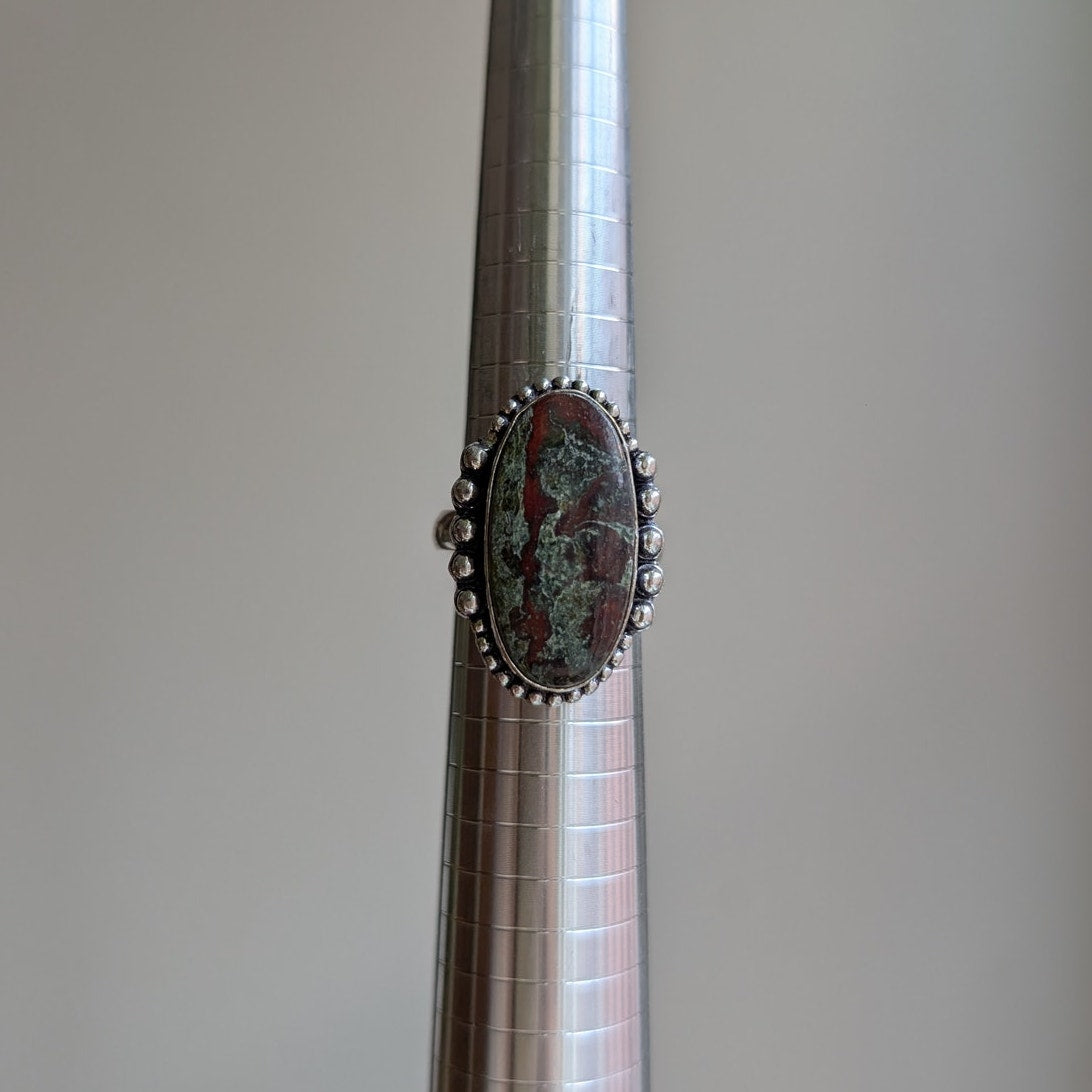 Earthy Green Rust Natural Stone Ring Boho Chic Sterling Silver Vintage Size 9