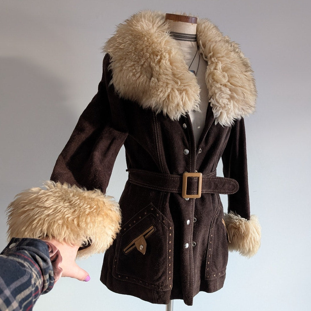 Vintage 70s Brown Suede Jacket Penny Lane Coat Shearling Fur Trim Western Small