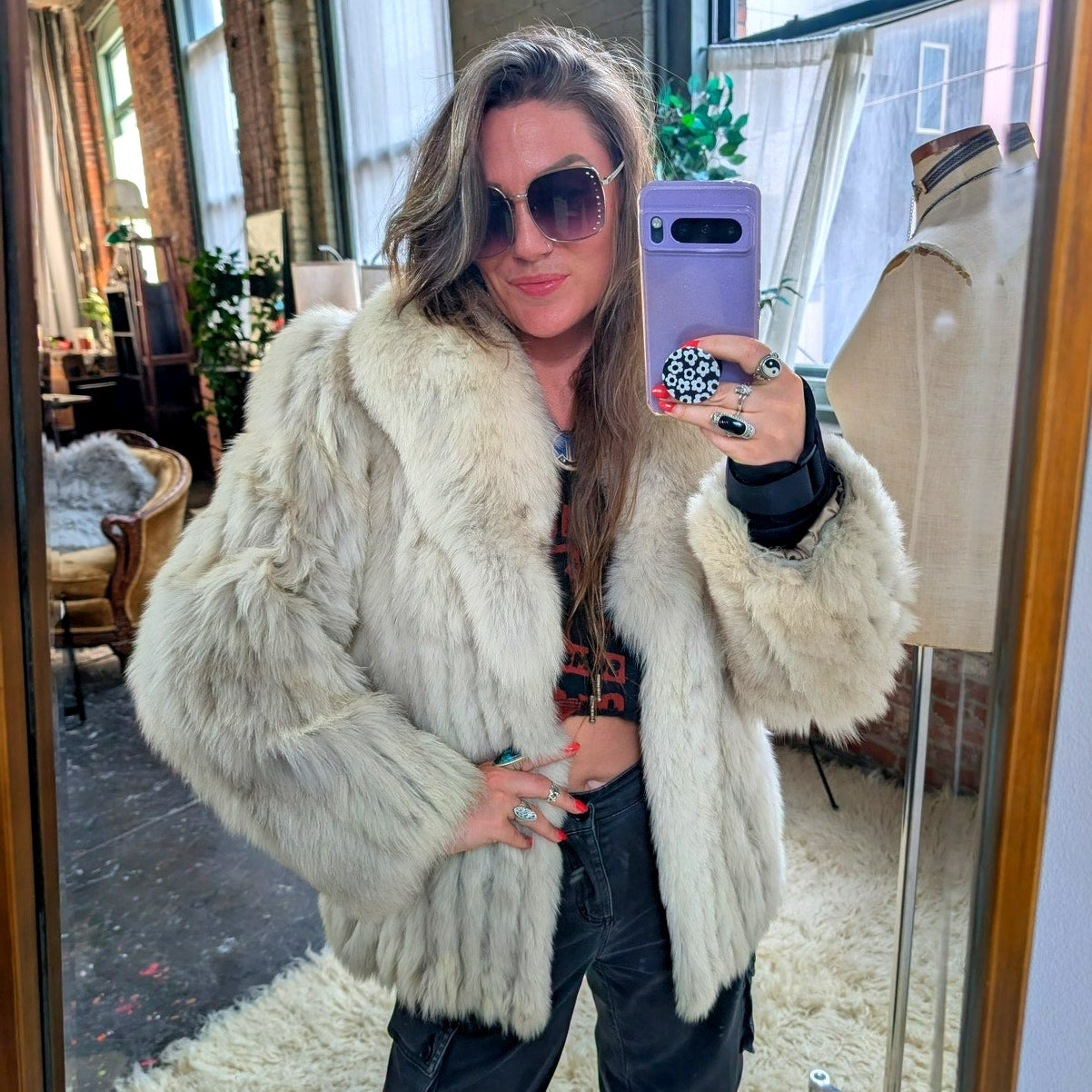 Vintage White Fluffy Fox Fur Coat Furry Glam Mobwife Ski Luxury Jacket Small