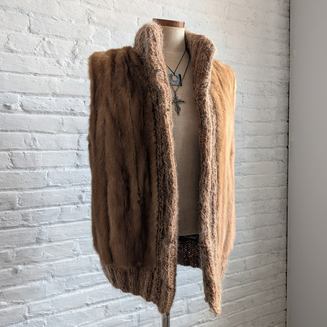 Vintage Chunky Knit Mink Fur Coat Mohair Sweater Vest Minimalist Boho Jacket