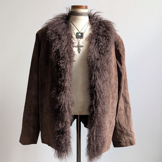 Vintage Brown Suede Penny Lane Jacket Fur Coat Groovy Leather Trench Coat XL