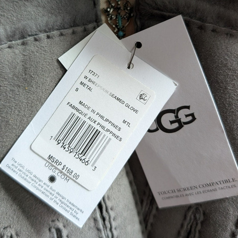 UGG Sheepskin Suede Gloves Fur Trim Gloves Gray Chic Leather Luxury New Small