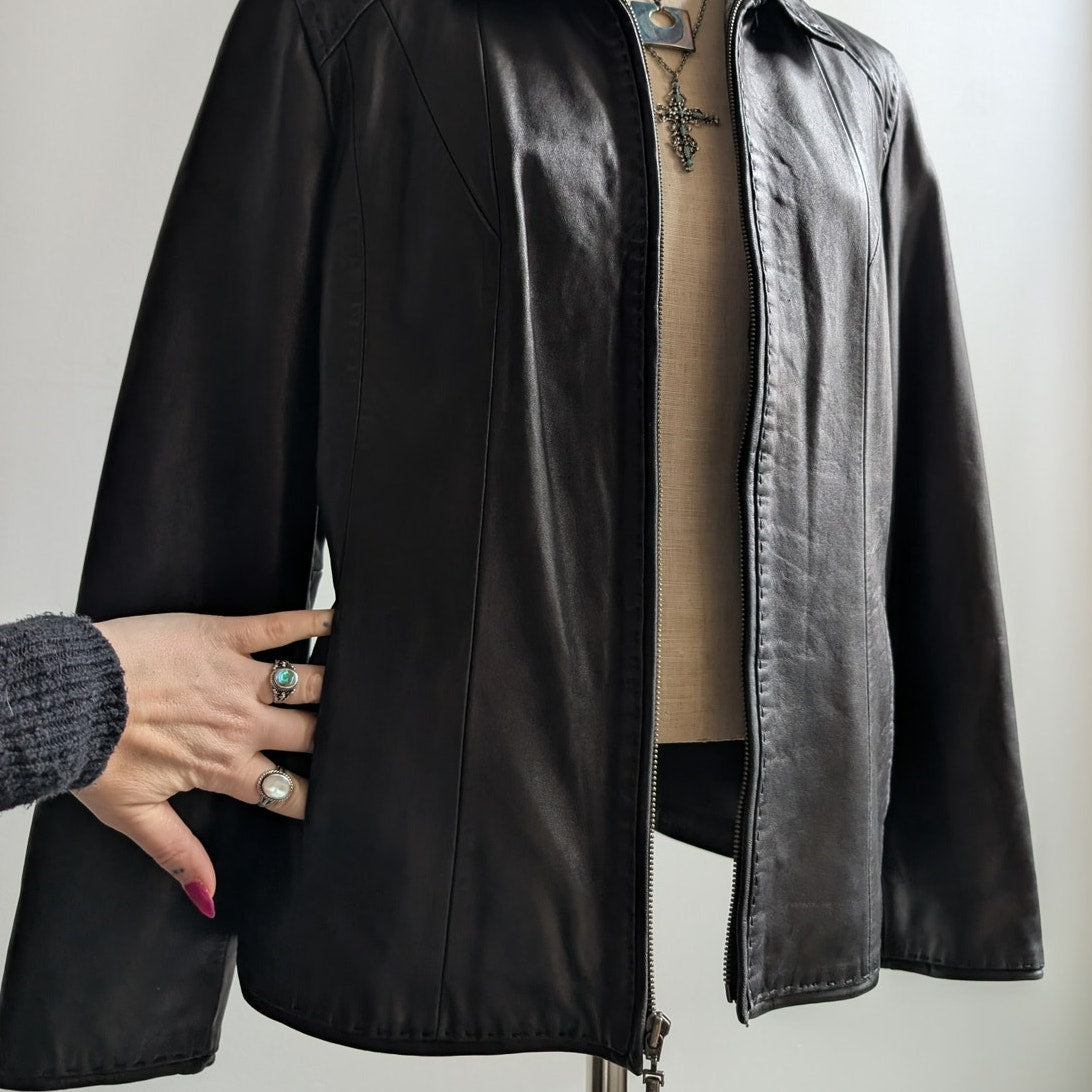 Y2K Vintage Black Leather Moto Jacket Lambskin Coat Minimalist Biker Goth Large