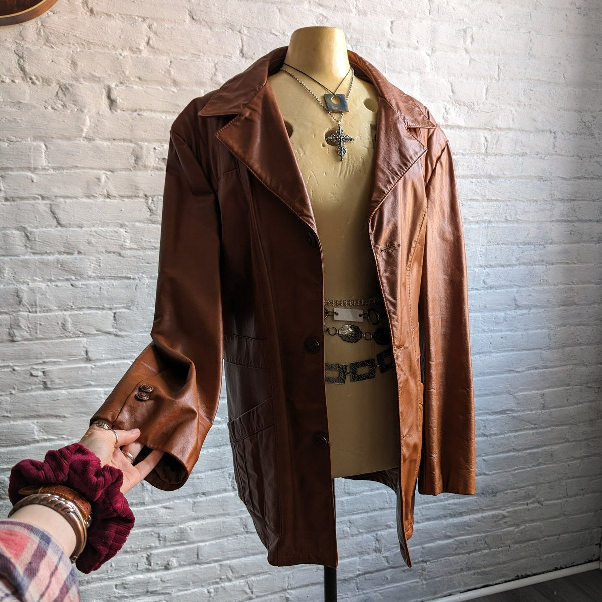 Vintage Rust Orange Leather Trench Coat Western Duster Red 70s Leather Jacket 2X