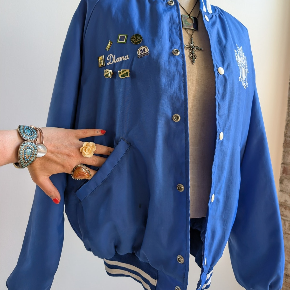 Vintage Blue Varsity Bomber Jacket Preppy Liberty Drill Team Sporty Coat Medium