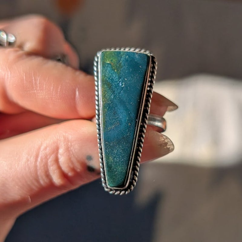 Blue Green Sterling Silver Shimmer Teardrop Ring Sz 8.75 Boho Statement Vintage
