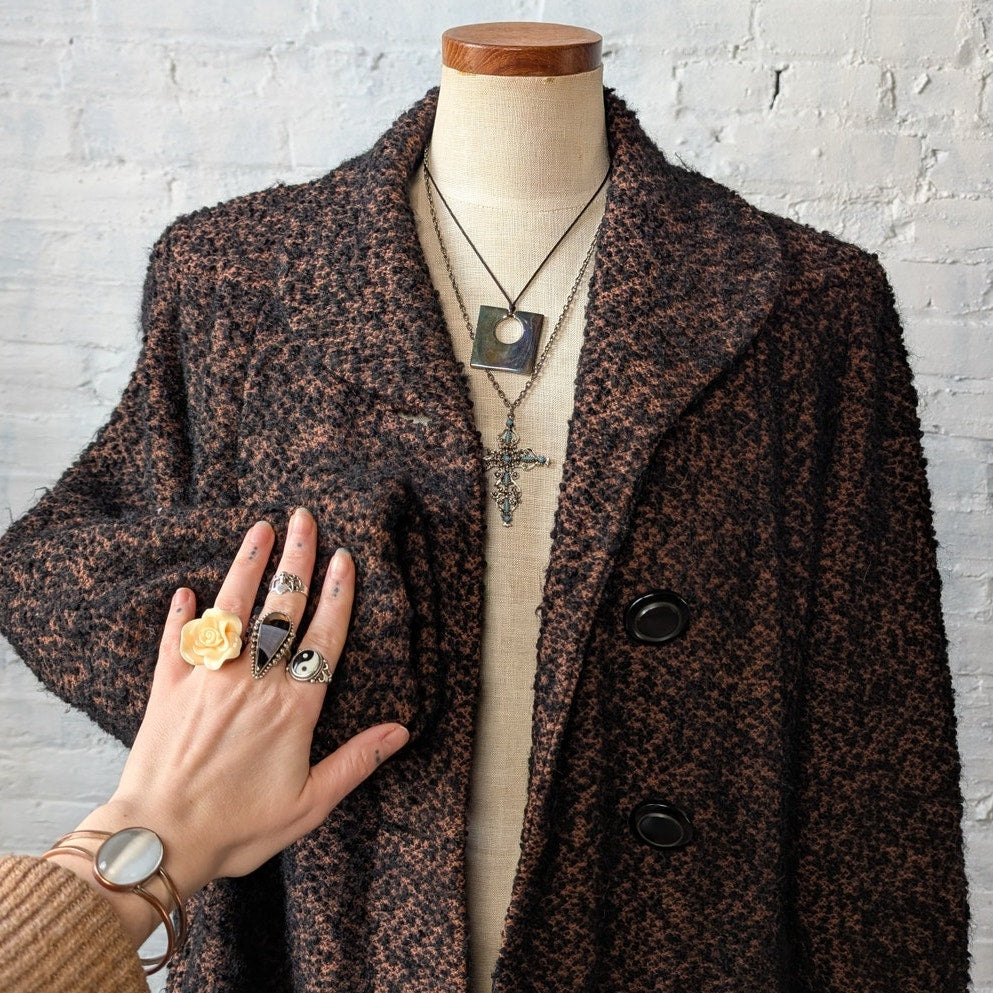 Vintage Black Rusty Fuzzy Wool Trench Coat Preppy Knit Boucle Boho Breezy Jacket