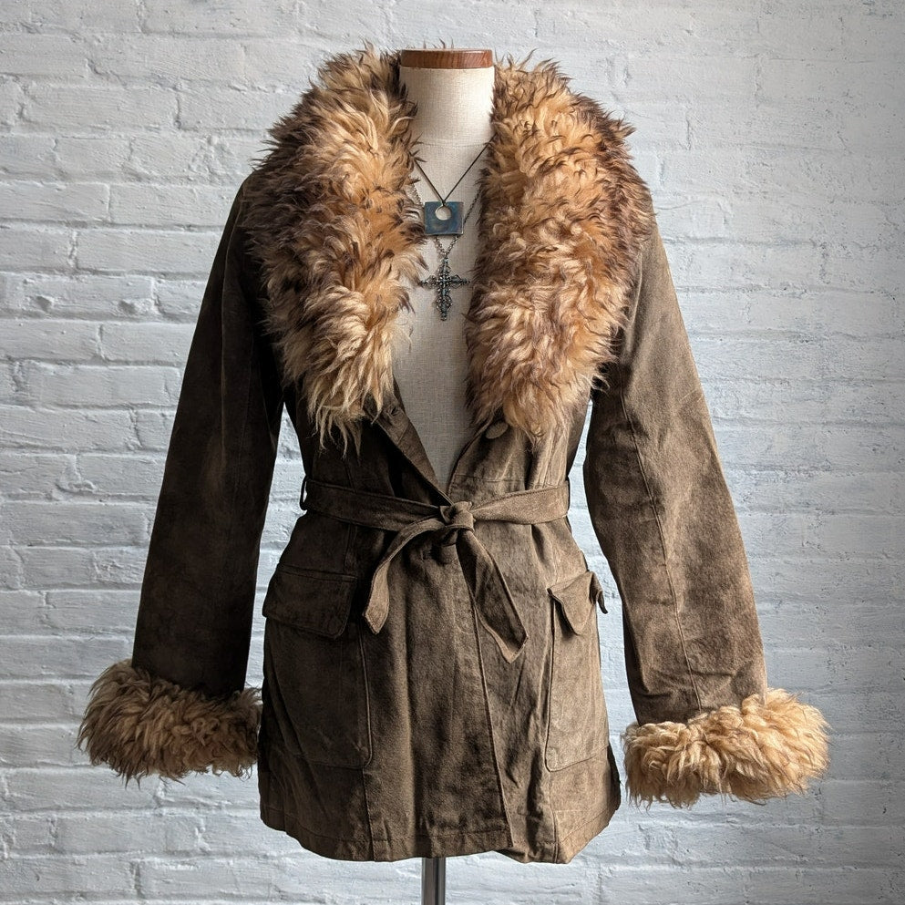 Vintage Brown Suede Penny Lane Jacket Fur Furry Leather Groovy Mod Trench Coat