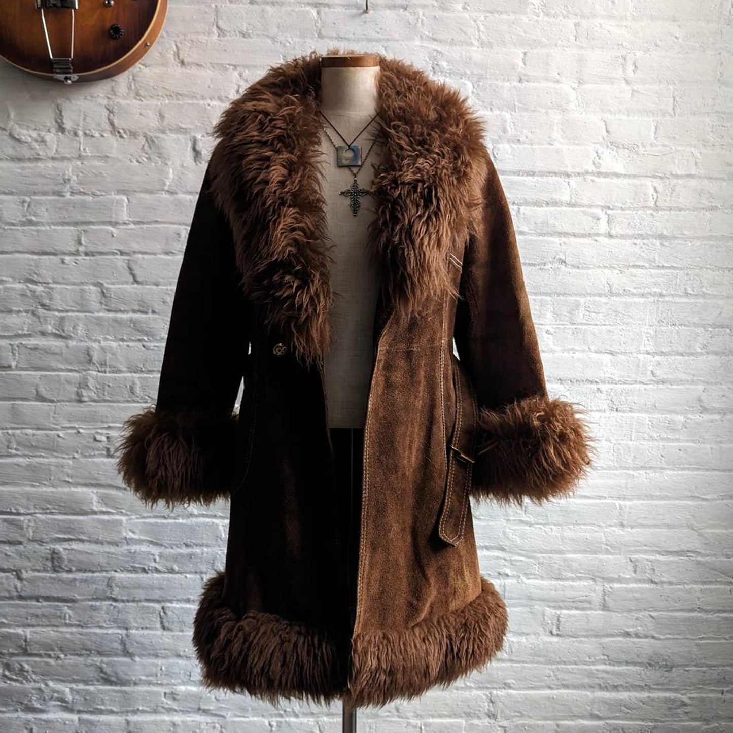 Vintage Penny Lane Fur Furry Genuine Suede Leather Groovy Mod Trench Coat Jacket