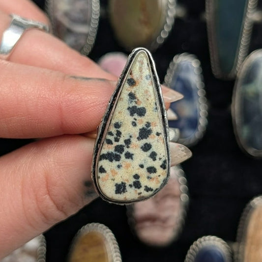 Cream Spotted Boho Statement Ring Sz 9.5 Sterling Silver Vintage Southwest Oval